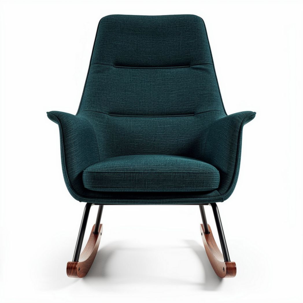 Schommelstoel met stoffen bekleding in groen en houten basis 80 x 70 x 100cm