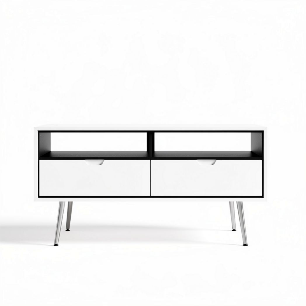 Witte tv-meubel met zwart interieur en twee lades 120 x 40 x 50cm