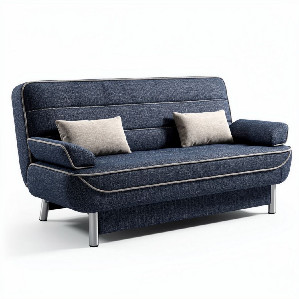 Slaapbank in donkerblauw met metalen poten en twee kussens 180 x 90 x 85cm